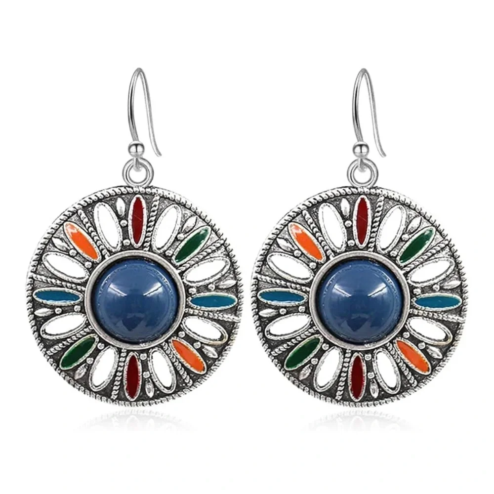Boho Vintage Enamel Mandala Dangle Earrings Silver Tone